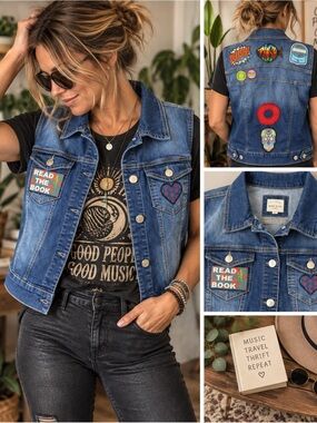 Wax Jean 2XL Upcycled Denim Vest Phish Patches Festival Boho Art to Wear